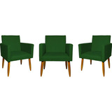 Kit 3 Poltronas Cadeiras Para Escritório Pé Palito Castanho Cor Verde Desenho Do Tecido Suede