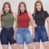 Kit 3 Short Feminina Meia Coxa Jeans Lycra Empina Bumbum