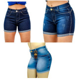 Kit 3 Shorts Feminino Jeans Cintura Alta Com Lycra Elastano