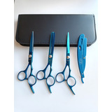 Kit 3 Tesouras Profissionais Barbeiro Fio Laser Navalhas Cor Azul