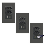 Kit 3tomada De Parede 10a 2 Saídas Usb Universal Bivolt Turb Cor Preto