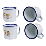 Kit 4 Caneca Esmaltada Decorada Branca Retrô 350 Ml Cor Branco