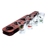 Kit 4 Copos Tequila Shot Cachaça Suporte Madeira Decorativo