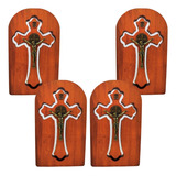 Kit 4 Cruz Cristo Madeira Crucifixo Mesa + São Bento Metal