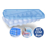 Kit 4 Formas De Gelo Com Tampa Livre De Bpa Empilhavel Cor Azul-celeste