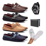 Kit 4 Pares De Mocassim Masculino Chinelo Carteira E Relogio