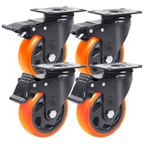 Kit 4 Rodinhas Para Moveis Pesados Rodízio Roda Grande Reforçada Giratória Com Trava 3 Polegadas Laranja Marca Rrj