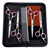Kit 4 Tesouras Pet Inox Profissional Para Tosa + Pente De Aço E Estojo Corte Preciso, Durabilidade E Conforto Para Cães E Gatos Marca Lorben