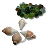 Kit 40 Bolinhas De Gude Com 4 Piões De Madeira E Fieiras 