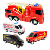 Kit 4pçs Carros Resgate Policia Ambulância E Bombeiro Grande