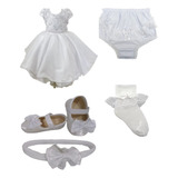 Kit 5 Itens Vestido Infantil Batizado Branco + Acessorios