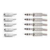 Kit 5 Plug Conector P10 Macho + 5 P2 J2 Femea Estereo Metal