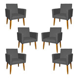 Kit 6 Poltronas Decorativas Para Sala Cadeira Pé Castanho Cor Cinza Desenho Do Tecido Suede