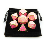 Kit 7 Dados Rpg Metal D&d Cor Rosa C/ Dourado + 1 Bolsa