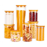 Kit 8 Potes Mantimentos Vidro Herméticos Com Tampa Bambu Alta Resistência Epsilon Eps-709