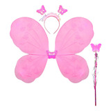 Kit Asa De Borboleta Com Varinha E Tiara Rosa