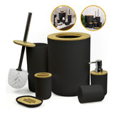 Kit Banheiro Lixeira E Acessórios Para Lavabo 6 Peças Lixeira De Bambu Escova Sanitária Luxo
