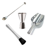 Kit Barman Nls Colher Bailarina Dosador Duplo Macerador Pá Gelo Inox Nilosdecor
