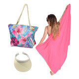 Kit Bolsa Praia Com Necessaire + Viseira + Canga Moda Verão