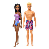 Kit Boneco Ken Praia + Barbie Praia Mor. Maiô Floral Mattel