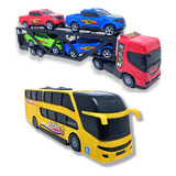 Kit Brinquedo Caminhão Cegonha Onibus Viagem + 4 Carrinhos 