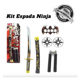 Kit Brinquedo Samurai Espada Com5 Acessórios Ninja Infantil Cor Preta Em Detalhe Prateados E Dourados
