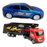Kit Caminhão + Carro Corrrida Com 2 Carrinhos Brinquedo Fofo Cor Azul