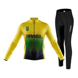 Kit Camisa Ciclismo Brasil Longa C/ Calça Espuma Refletivo