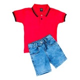 Kit Camisa Polo Infantil + Bermuda Jeans Menino 1 E 2 Oferta