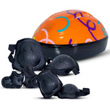 Kit Capacete Infantil C/ Joelheira Cotoveleira Munhequeira Cor Laranja