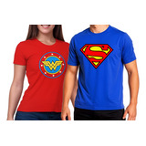 Kit Casal Camiseta Super Man E Mulher Maravilha Heróis