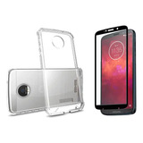 Kit Case Capa Anti Queda Para Moto Z3 Play + Pelicula 3d Cor Transparente
