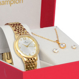 Kit Champion Relógio Pequeno Dourado + Colar E Brinco 