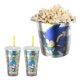 Kit Cinema Copos E Balde De Pipoca Licenciado Filme Sonic 3