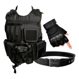 Kit Colete Airsoft Tatico Preto Escolta + Luva + Cinto Na