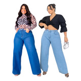 Kit Com 2 Calças Wide Leg Plus Size Jeans Cintura Alta Lisa