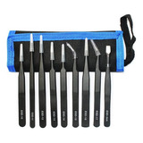 Kit Conjunto 9 Pinças Precisão Antiestática Esd Estojo Bga 