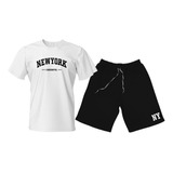 Kit Conjunto Camiseta Bermuda Moletom New York 100% Algodão