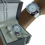 Kit Corrente Cordão Colar Masculino Aço Inox Fígaro Grumet Elo 3x1 60cm 6mm Pingente Cruz Crucifixo Oração Pai Nosso + Pulseira + Relógio Analógico De Ponteiro Masculino Fundo Branco Social Original