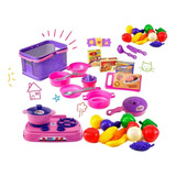 Kit Cozinha Infantil Brinquedo Fogão + Cesta Frutas Legumes Cor Colorido