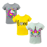 Kit De 3 Camisetas Infantis Para Meninas Estampadas