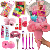 Kit De Maquiagem Infantil Completo Buquê Rosa Com Pincéis 