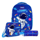 Kit De Mochila Escolar Magic Kids Mochila De Rodinhas Com Estojo E Lancheira Espaço Com Design Astronauta Multicolorido