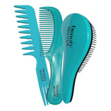 Kit Escova Magica Com Pente Golfinho E Pente Jacaré Beauty Secret Cor Azul