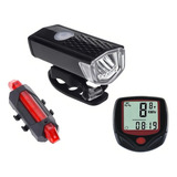 Kit Farol Lanterna + Velocímetro Para Bike Cor Preto