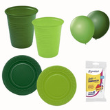Kit Festa Verde Palmeiras - Copos, Pratos, Bexigas E Garfos