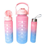 Kit Garrafas Motivacional C/ Alça Adesivos Treino Hidratação Cor Rosa E Azul