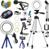 Kit Gravação Ring Light Luz Tripé Microfone Filmagem Celular