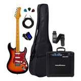 Kit Guitarra Strato Tagima Tg530 Sb Capa Cubo + Acessórios