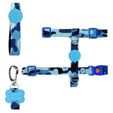 Kit H ( Peitoral + Guia ) Cachorros Caes Segurança Trava Cor Cor Camuflado Azul Tamanho Da Coleira M